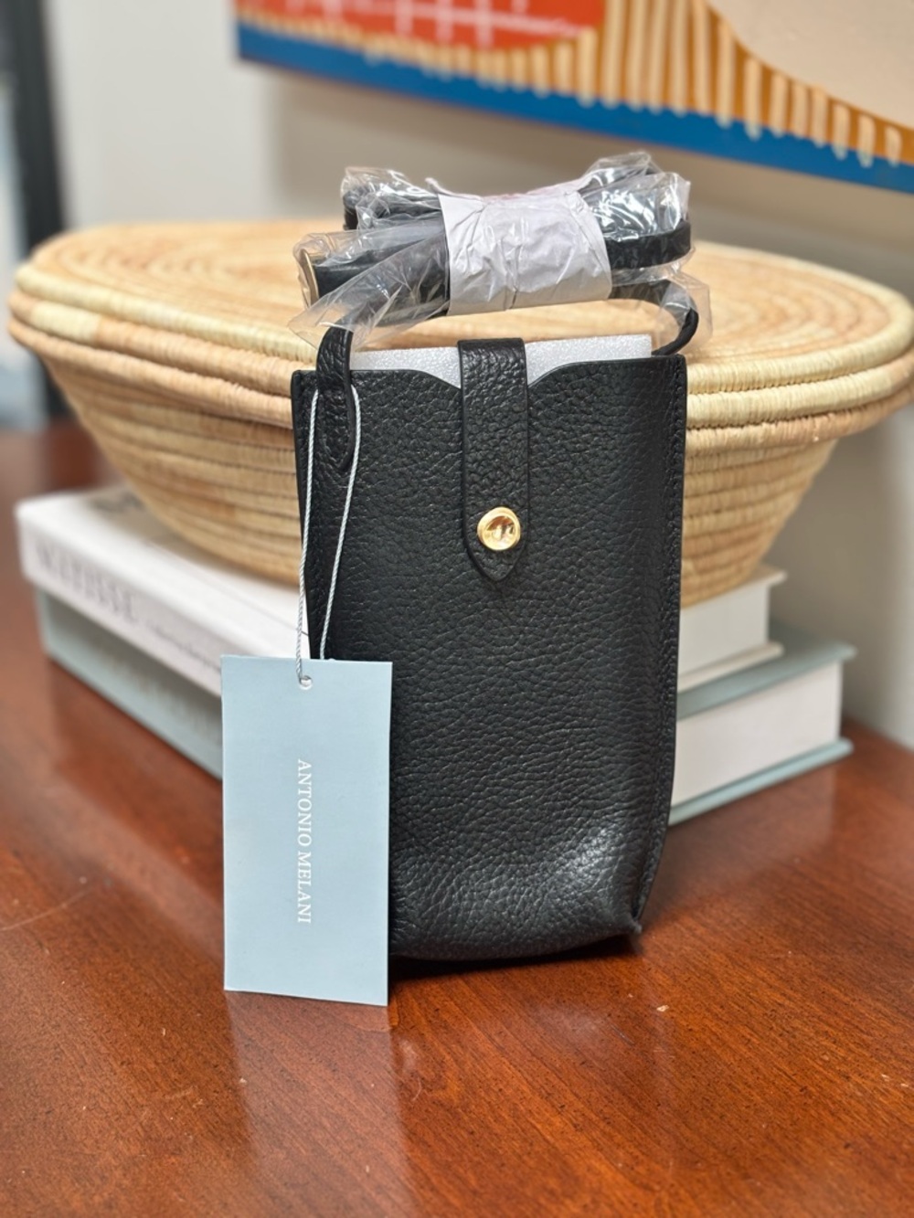 Antonio Melani Leather Crossbody Phone Bag Black Pebbled NWT